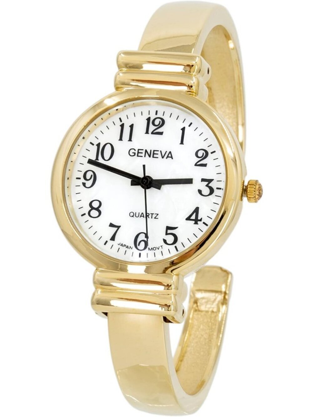 Women's Gold White Analog Metal hinged Bangle Pearl Cuff Bracelet Wrist Watch